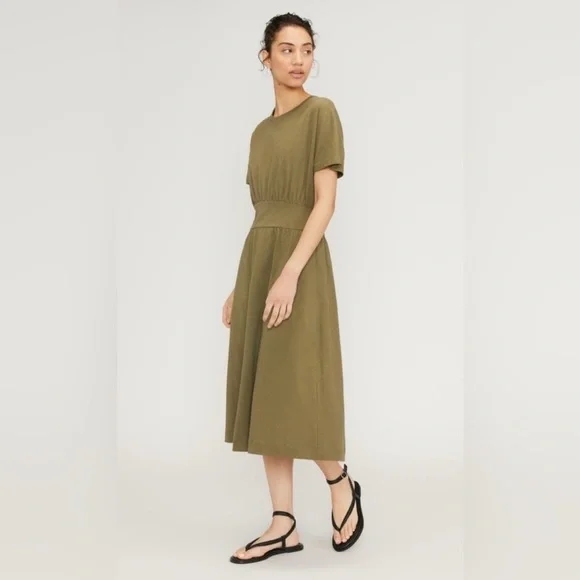 Everlane The Organic Cotton Waisted Dress Olive color Midi , size Small - Picture 5 of 11